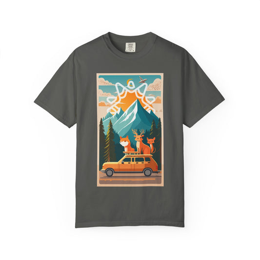 Mountain Road Trip Deer Illustration T-shirt | Adventure Van Scene