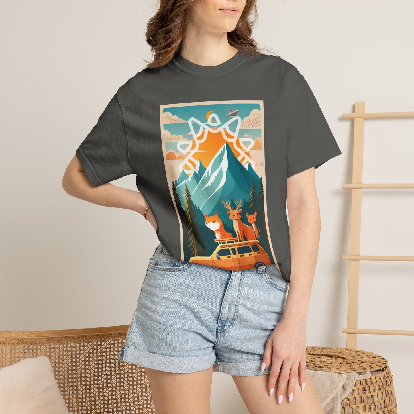 Mountain Road Trip Deer Illustration T-shirt | Adventure Van Scene