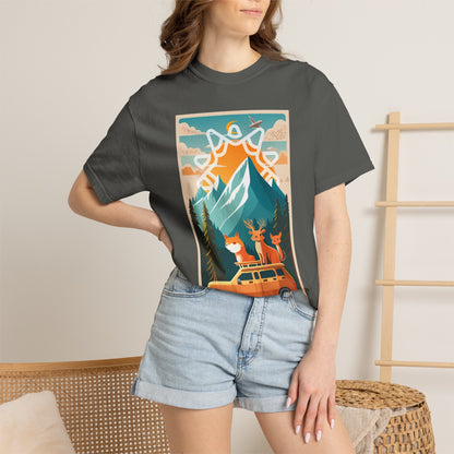 Mountain Road Trip Deer Illustration T-shirt | Adventure Van Scene